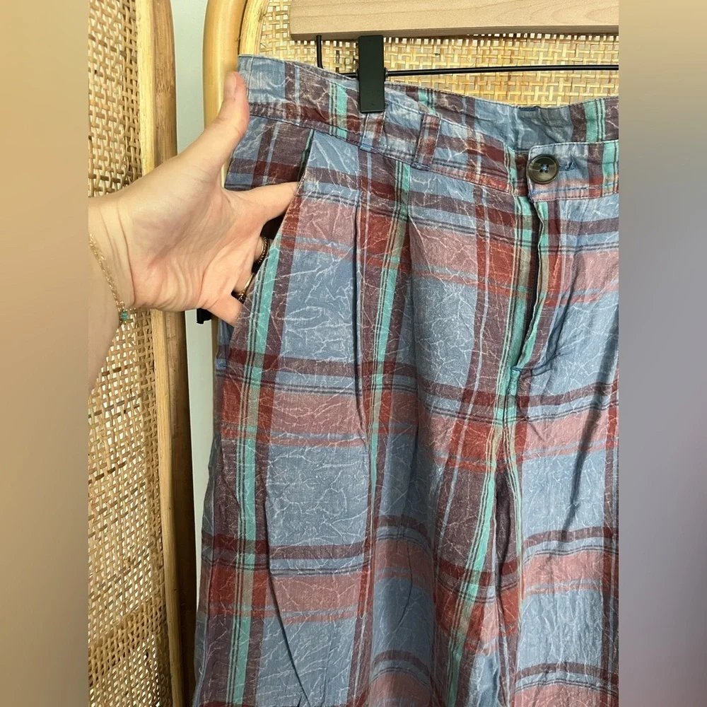 By Anthropologie - Plaid Wide Leg Pants Blue Burgundy - Picture 5 of 9